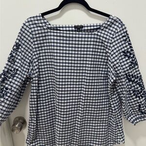 Talbots Petites XL Blue Gingham Blouse Embroidered Sleeve 3/4 Top